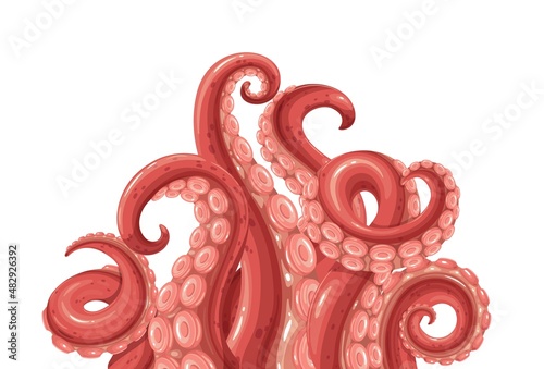 Octopus tentacles banner. Limbs of the sea monster kraken. Vector illustration of sea octopus twisted tentacles with sucker .