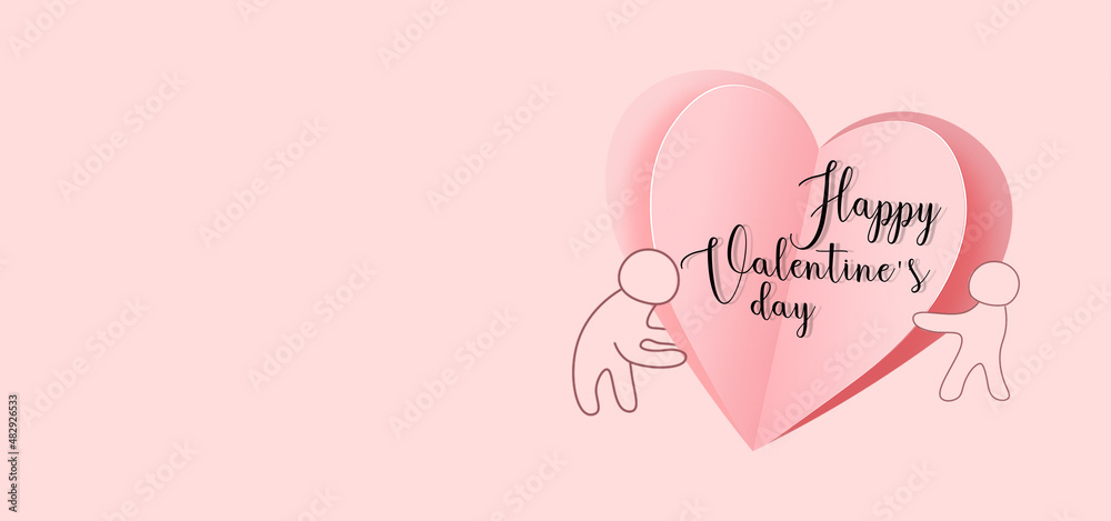 Happy Valentine's day background. Pink flying hearts on pink background. 3d  illustration. Paper cut decorations for Valentine's day border with place for text, typography template.