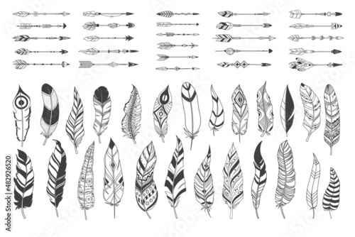 Fotografie, Obraz Boho arrows and rustic ethnic decorative feathers set, drawn ink tattoo elements in Native American Indian style, vintage vector arrows and drawn ink boho vintage tribal feathers