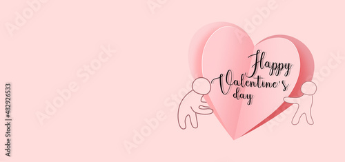 Happy Valentine's day background. Pink flying hearts on pink background. 3d  illustration. Paper cut decorations for Valentine's day border with place for text, typography template. © Reda
