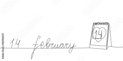 Happy valentines day continuous line drawing. One line art of english hand written lettering with loose-leaf calendar with date, 14 february greeting card.