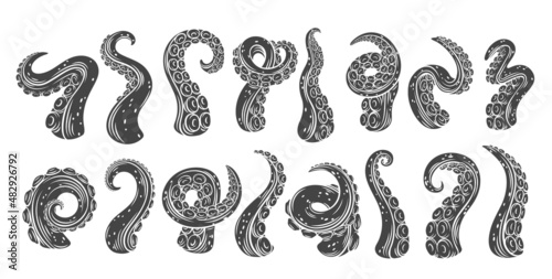 Octopus tentacles glyph icons. Monochrome cut limbs of the sea monster kraken. Set of sea octopus twisted tentacles with suckers vector illustration.
