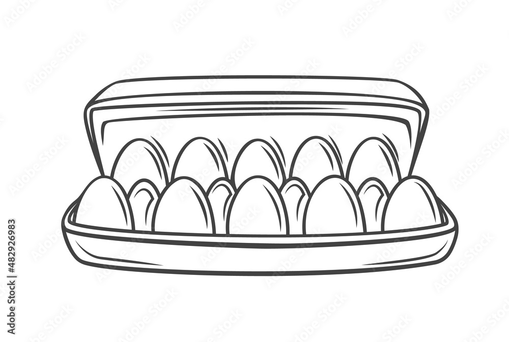 Egg box with ten chicken eggs, carton pack or container outline drawn