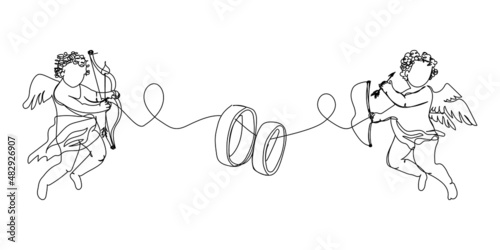 Cupids and wedding rings one line art. Continuous line drawing of love, angels, rings, marriage, union of hearts, arrows, feelings.