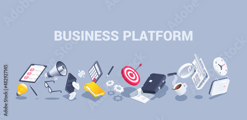 isometric vector illustration on a gray background, business platform, a target with an arrow next to a business briefcase and a calculator, a smartphone and a folder with documents