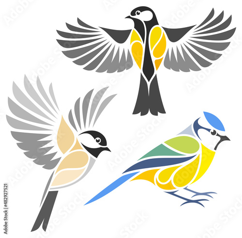 Stylized Birds - Great Tit, Willow Tit and Eurasian Blue Tit