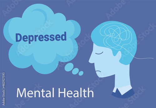 Depressed or mental illness. Head profile with storm cloud