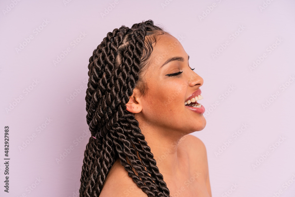 afro black woman with braids close up. beauty concept - obrazy, fototapety, plakaty 