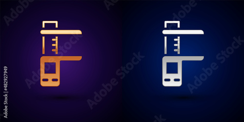 Gold and silver Calliper or caliper and scale icon isolated on black background. Precision measuring tools. Vector