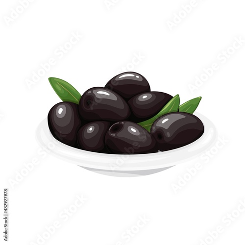 Black olives with leaves in a white bowl vector illustrator.