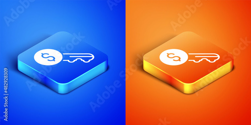 Isometric Rent key icon isolated on blue and orange background. The concept of the house turnkey. Square button. Vector
