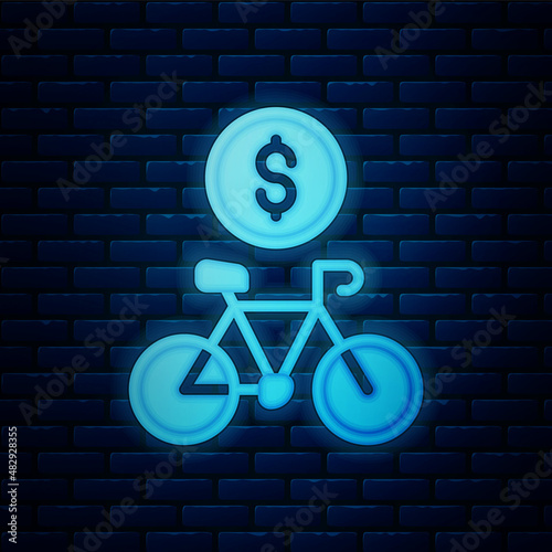 Glowing neon Bicycle rental mobile app icon isolated on brick wall background. Smart service for rent bicycles in the city. Mobile app for sharing system. Vector