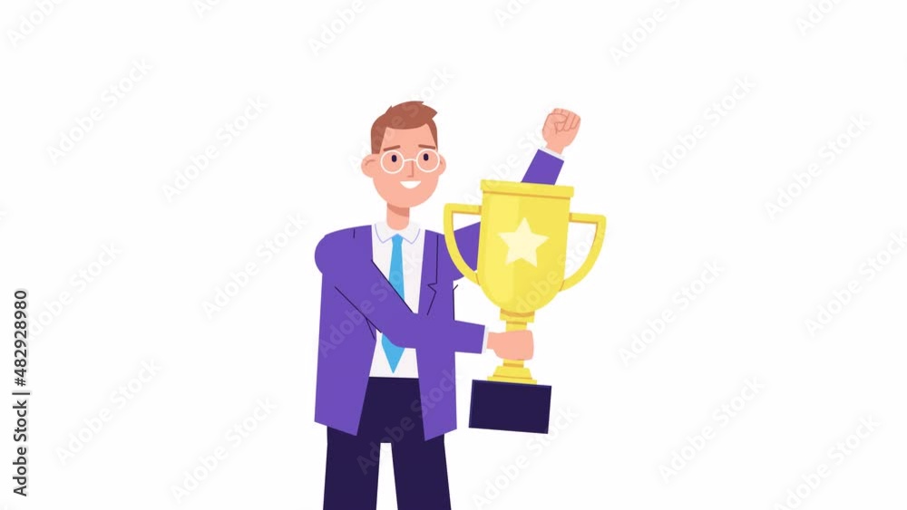 Businessman holding golden trophy cup. Cartoon style animation. first place concept, success, win, champion reward. Business achievement, Competition winner, celebration. Happy office worker Businessman holding golden trophy cup. Cartoon style animation. first place concept, success, win, champion reward. Business achievement, Competition winner, celebration. Happy office worker