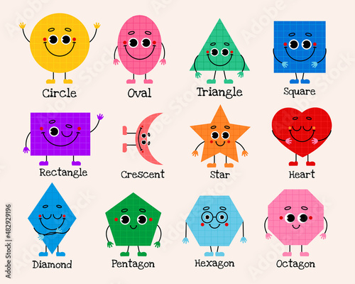 Geometric shapes for kids. Set of cute funny different bright emoji with face, arms and legs for kids. Vector isolated illustration in hand drawn trendy style