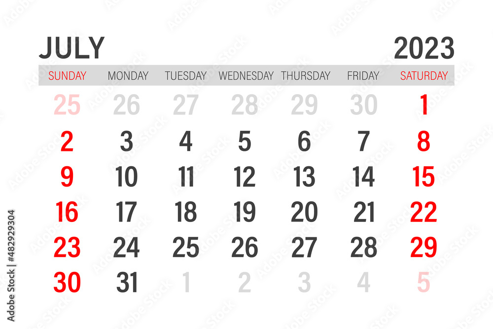 Stockvector July 2023 Calendar Template Layout For July 2023 