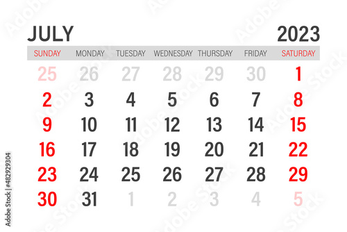 July 2023 calendar template. Layout for July 2023. Printable monthly planner. Desk calendar design. Start of the week on Sunday.