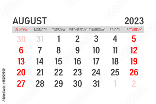 August 2023 calendar template. Layout for August 2023. Printable monthly planner. Desk calendar design. Start of the week on Sunday.
