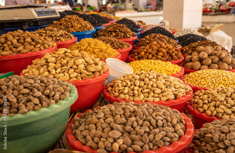 dried fruits and nuts in a Bukharan market, Uzbekistan