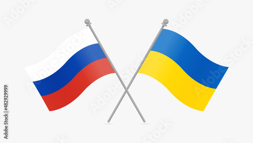 Russia and Ukraine Flag with Metal Pole Isolated on White Background. Editable Flat Vector Illustration.
