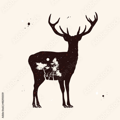 Red deer silhouette. Landscape with forest and moon. Night starry sky