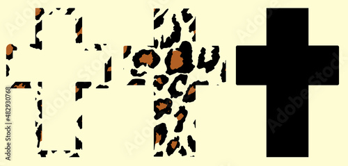 a cross with a leopard pattern. a set of outline and silhouette of the cross of faith with black spots and brown, jaguar skin on a light background for the Easter template