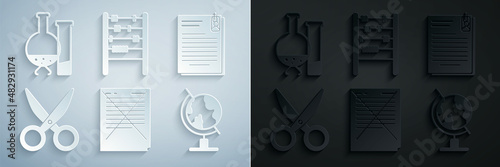 Set Exam paper with incorrect answers survey, File document and clip, Scissors, Earth globe, Abacus and Test tube flask chemical laboratory test icon. Vector