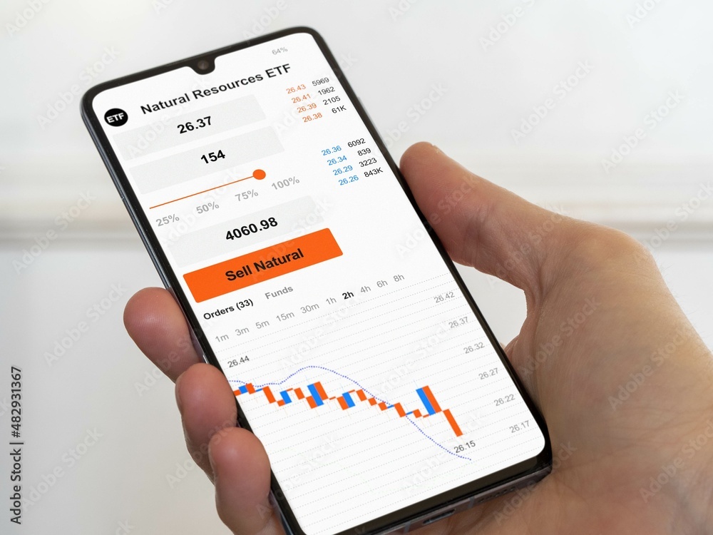 Stock exchange market chart, Stock bear market data on smartphone. Business analysis of an Natural ressources ETF ressources fund commodity fund Stock exchange market chart, Stock bear market data on smartphone. Business analysis of an Natural ressources ETF ressources fund commodity fund
