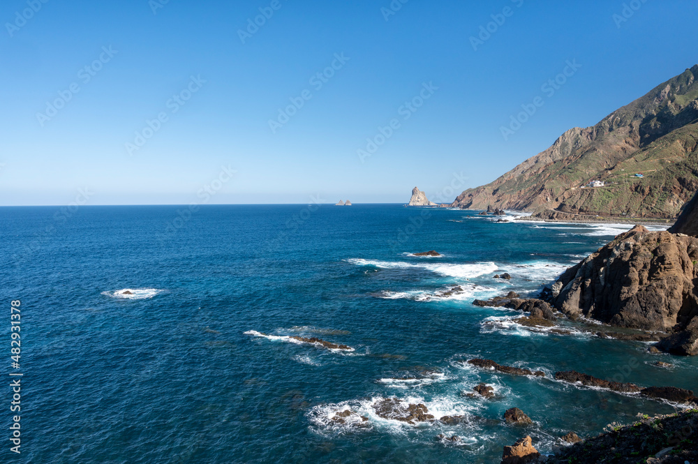 Panoramic view Playa del Roque de las Bodegas and blue Atlantic ocean, Anaga national park near Tanagana village,  North of Tenerife, Canary islands, Spain