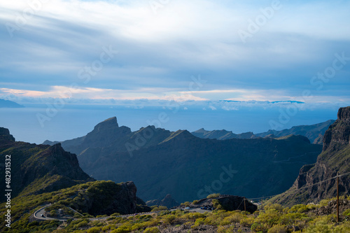 Mountains range in Rural de Teno park near isolated village Masca on Tenerife and La Gomera island on background, Canary islands, Spain © barmalini