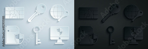 Set Key, Globe key, Document protection concept, Computer monitor and shield, and Firewall, security wall icon. Vector