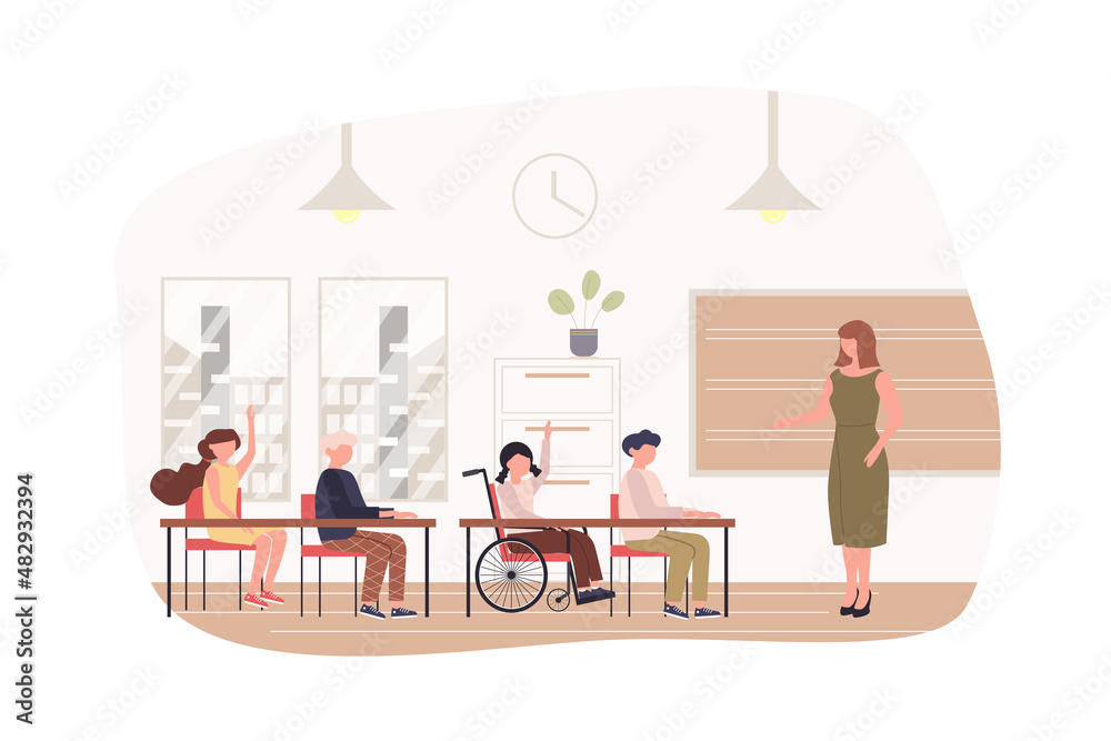 Children learning at school modern flat concept. Pupils sit at desks, answer teacher questions. Education and accessible class for disabled. Vector illustration with people scene for web banner design