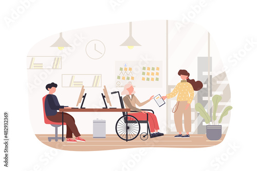 Programmers working at office modern flat concept. Developers coding, discuss tasks. Handicapped person on wheelchair work in IT industry. Vector illustration with people scene for web banner design