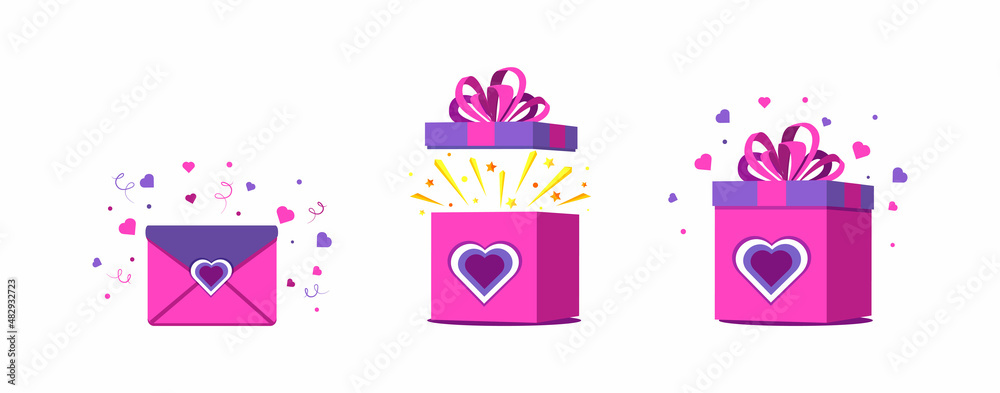 Fototapeta premium Valentines day. Gift boxes icons set with bow and confetti, love message envelope in trendy veri pery color.