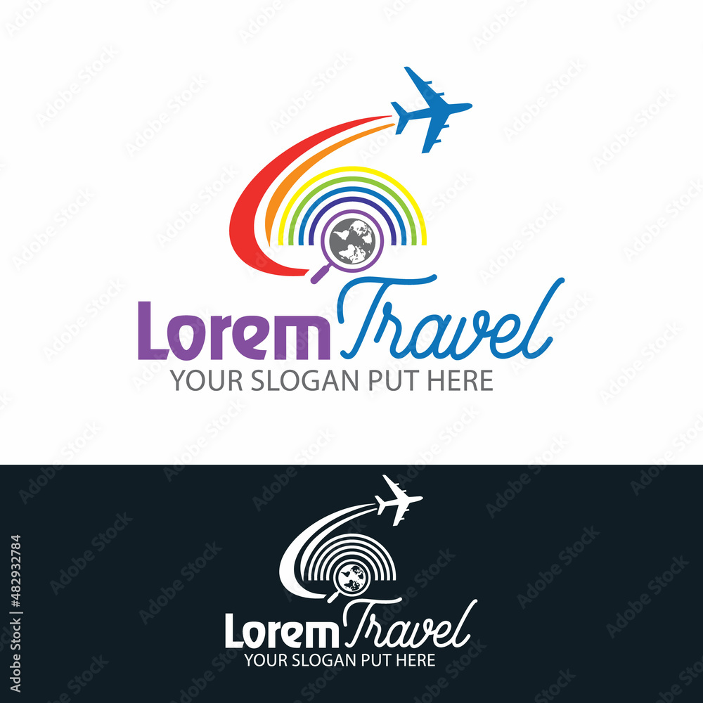 Travel, tourism colorful logo design. tourism agency colorful icon design. plane with globe and find mark icon for travel agency