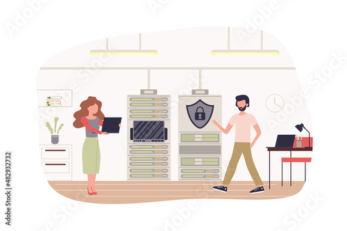 Cyber security team work at office modern flat concept. Protection against internet attacks. Man and woman work in datacenter hardware room. Vector illustration with people scene for web banner design