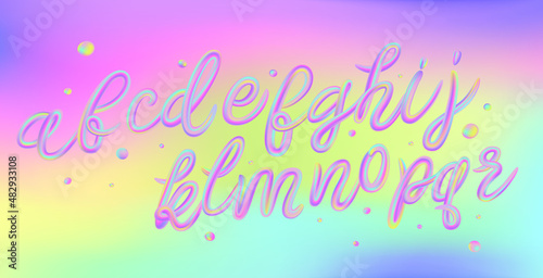 Alphabet set of iridescence holographic and multicolour 3d letters isolated on black background for poster, flyer, banner or design element. Psychedelic color typography. Vector.	