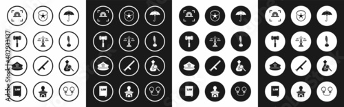 Set Umbrella, Scales of justice, Judge gavel, Fingerprint, Feather and inkwell, Police badge, Money bag magnifying glass and cap with cockade icon. Vector