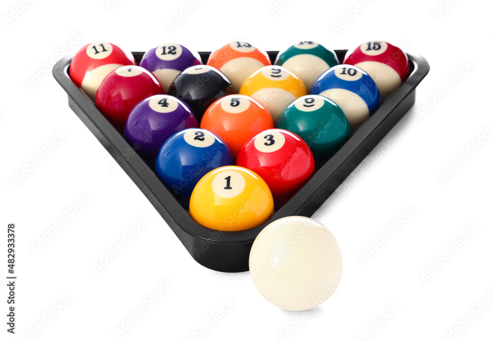 Naklejka premium Rack with billiard balls on white background