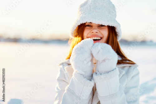 pretty woman red hair snow field winter clothes Sunny winter day Fresh air © SHOTPRIME STUDIO