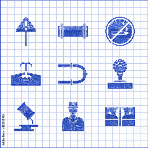 Set Industry pipe, Oilman, Stacks paper money cash, Gauge scale, Barrel oil leak, Oilfield, No Smoking and Exclamation mark triangle icon. Vector