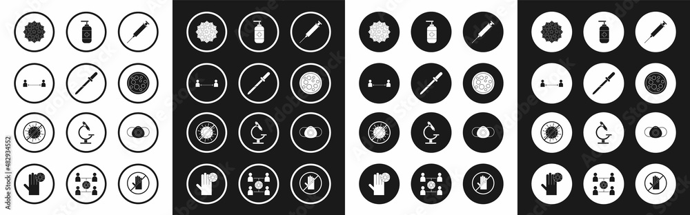 Set Syringe, Pipette, Safe distance, Virus, Bottle of liquid antibacterial soap, Medical protective mask and Stop virus icon. Vector Set Syringe, Pipette, Safe distance, Virus, Bottle of liquid antibacterial soap, Medical protective mask and Stop virus icon. Vector