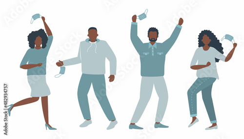 Pandemic end. Black people excitement. Taking off the masks. Four happy people without face masks. Vector illustration
