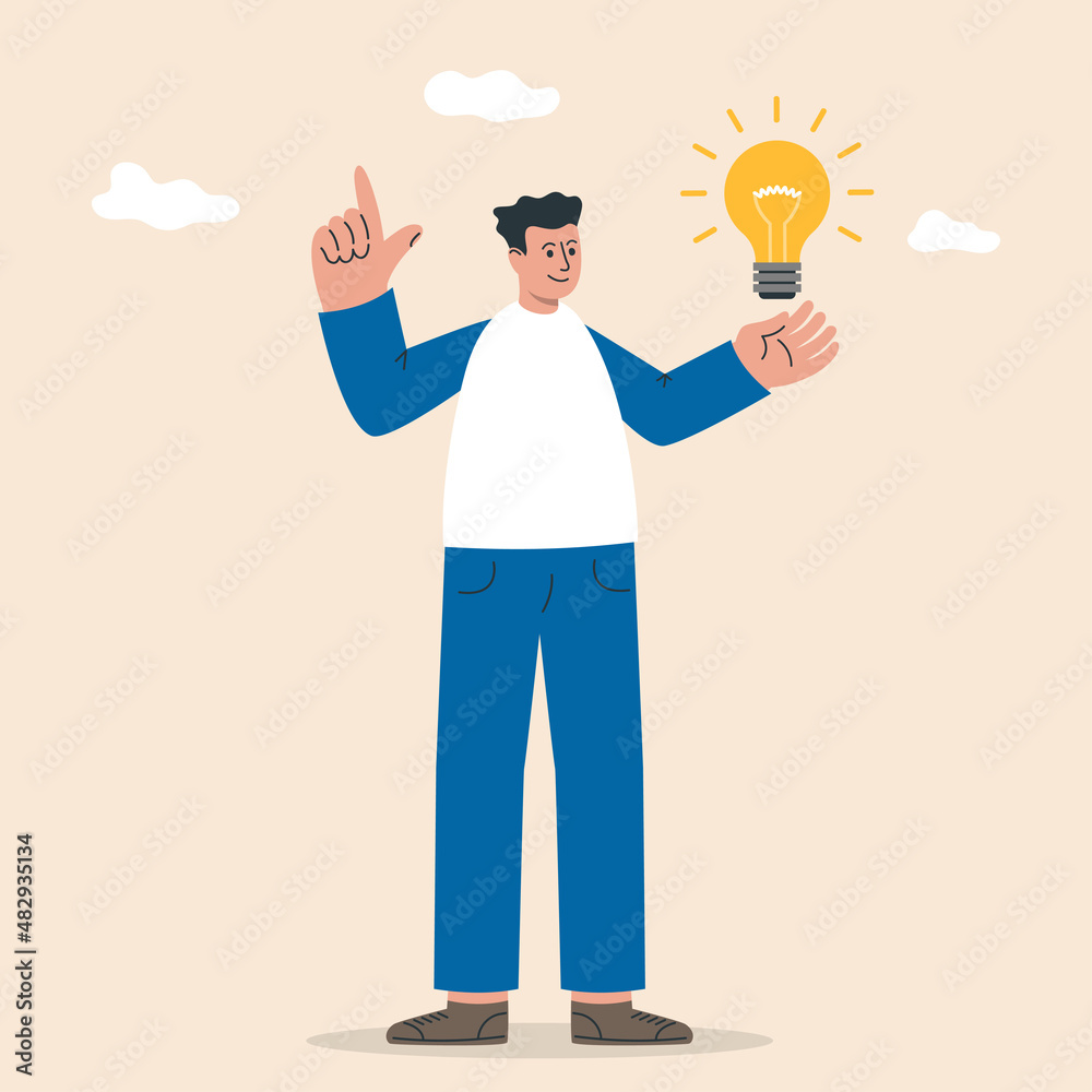Man pointing up at idea light bulb. New creative idea. Problem solution metaphor. Man pointing up at idea light bulb. New creative idea. Problem solution metaphor.