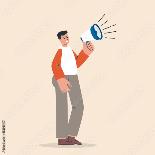 Man using megaphone speak out loud to be heard in public. Announcement of good news.