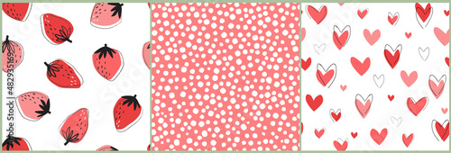 A set of seamless patterns for Valentine's Day. Strawberries, hearts, simple dots prints for lovers. Vector graphics.
