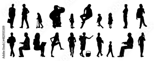 Vector illustration, Outline silhouettes of people, Contour drawing, people silhouette, architecture sketch people , Silhouette of sitting people, Architectural set