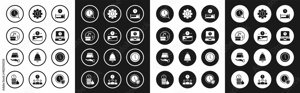 Set Time to sleep, Vacation time, Always busy, Magnifying glass with clock, Monitor, Management, Clock and Calendar icon. Vector Set Time to sleep, Vacation time, Always busy, Magnifying glass with clock, Monitor, Management, Clock and Calendar icon. Vector