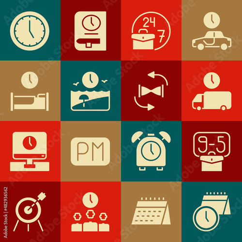 Set Calendar and clock, From 9, Delivery time, Always busy, Vacation, Time to sleep, Clock and Old hourglass with sand icon. Vector