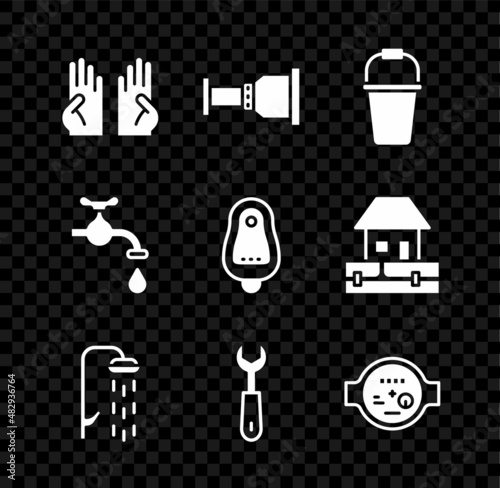 Set Rubber gloves, Pipe adapter, Bucket, Shower, Wrench spanner, Water meter, tap and Toilet urinal or pissoir icon. Vector