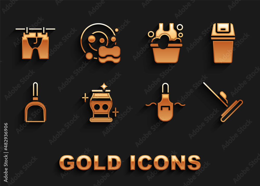 Set Clean vase, Trash can, Mop, Kitchen apron, Dustpan, Basin with soap suds, Drying clothes and Washing dishes icon. Vector Set Clean vase, Trash can, Mop, Kitchen apron, Dustpan, Basin with soap suds, Drying clothes and Washing dishes icon. Vector